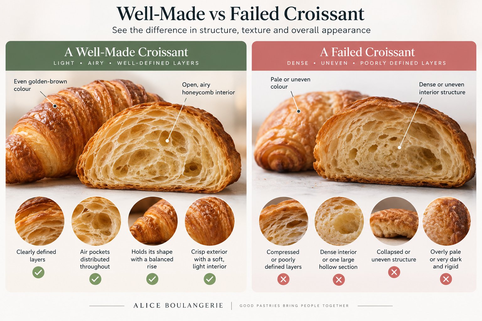 Comparison of a well-made airy croissant and a dense failed croissant